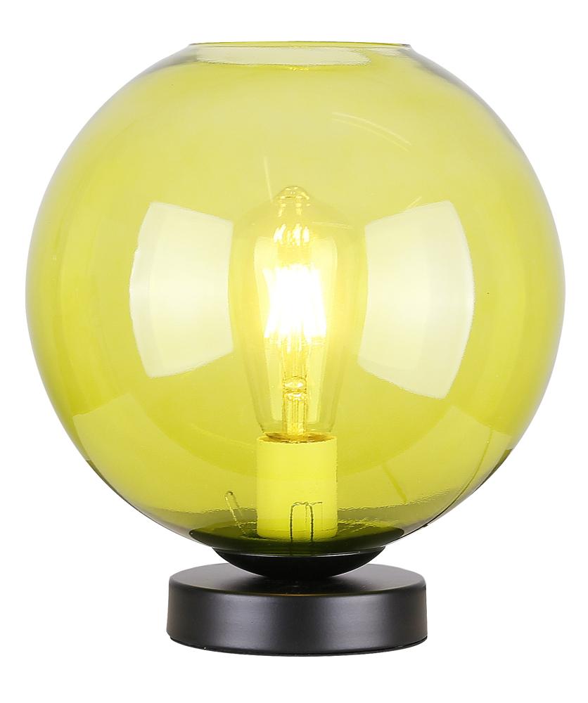 Globe vert anisé transparent laissant voir l'ampoule Edison sur socle cylindrique noir