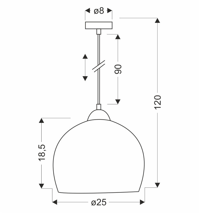 Schéma coté du luminaire avec hauteur totale et diamètre de l'abat-jour