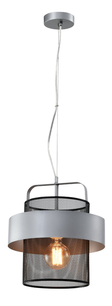 Luminaire suspendu noir de face sur fond blanc, abat-jour cylindrique en maille métallique