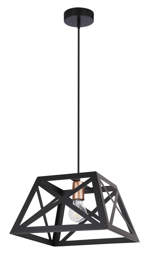 Suspension noire géométrique en métal, vue de face sur fond blanc neutre