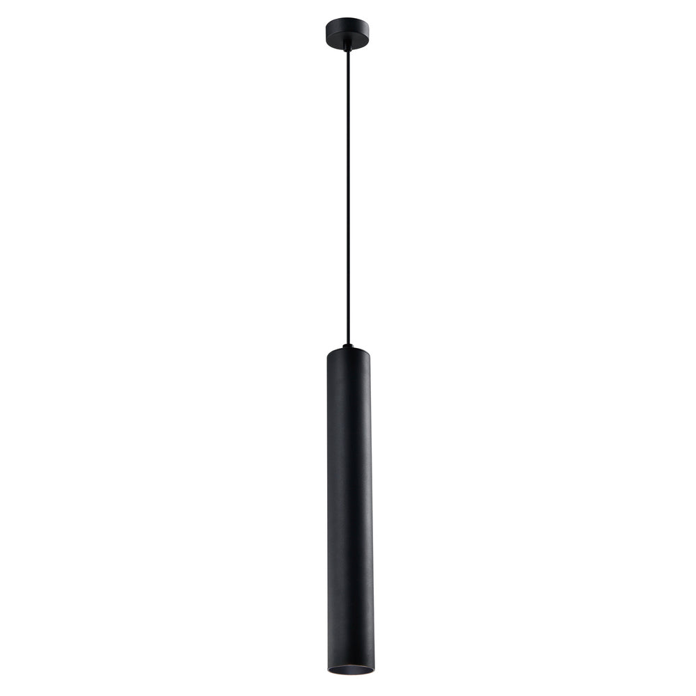 Suspension noire cylindrique vue de face sur fond blanc, câble et rosace visibles