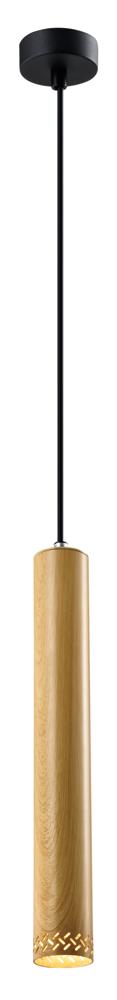 Suspension cylindrique en bois clair avec câble noir et finition ajourée en bas.