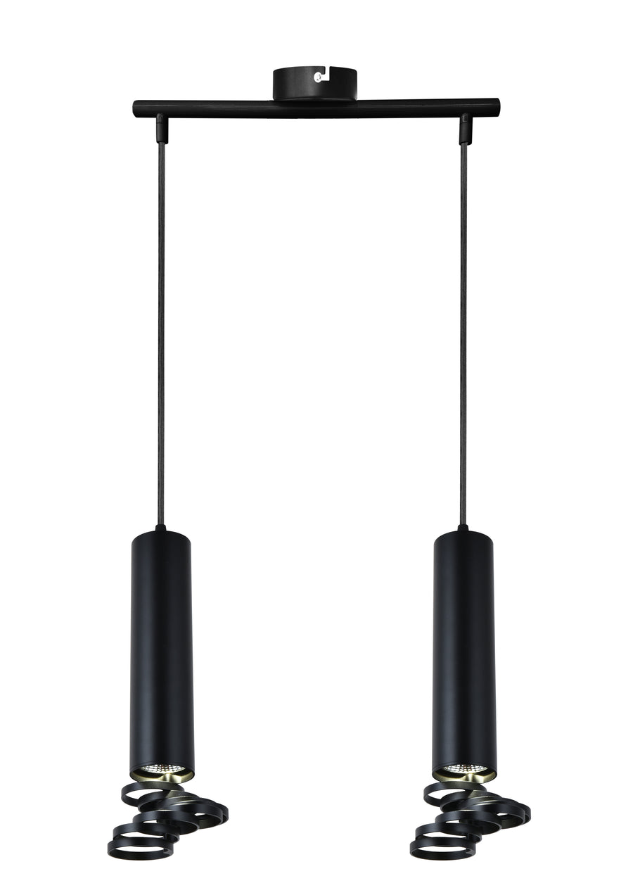 Vue de face d'une suspension noire à deux tubes cylindriques verticaux