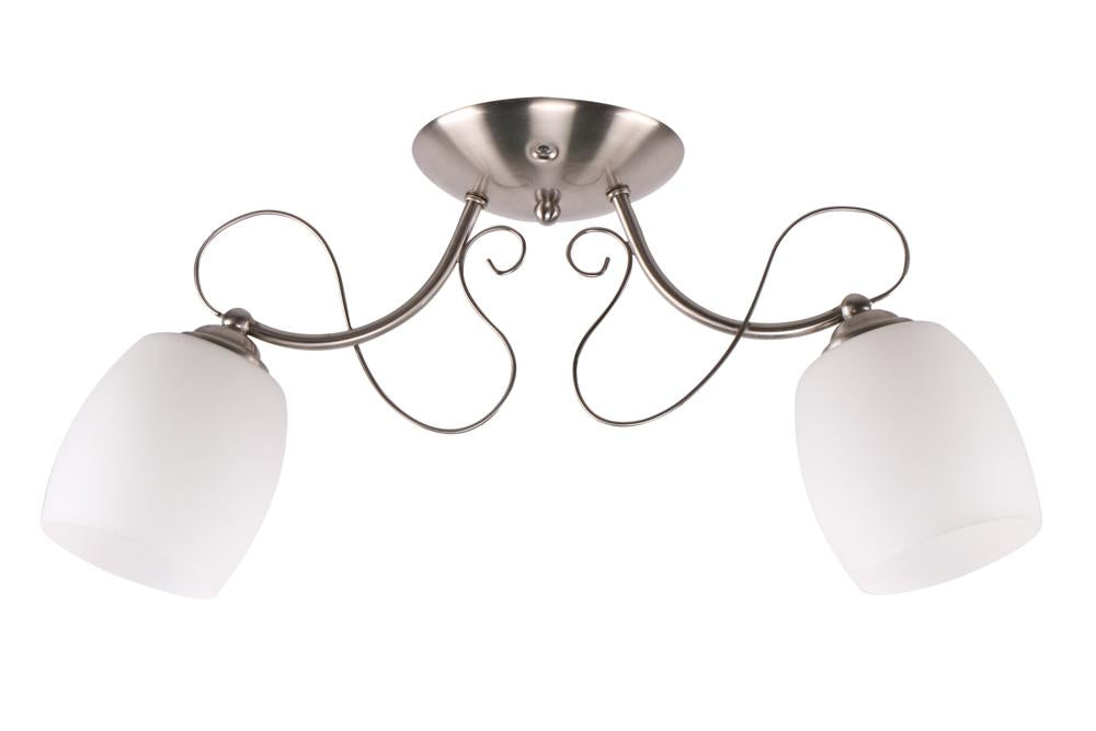 Luminaire deux lumières de face, bras chromés recourbés et verres opalins blancs