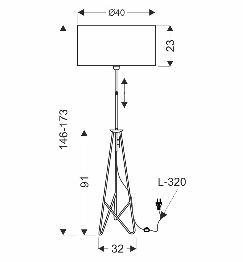 Schéma de dimensions du lampadaire avec abat-jour, hauteur réglable, base trépied et câble.