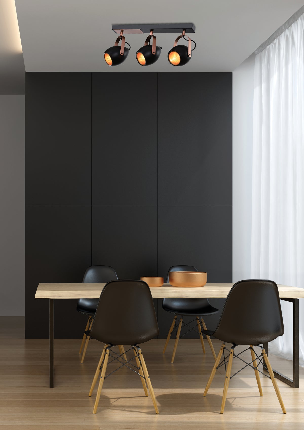 Mise en ambiance du plafonnier au-dessus d'une table à manger dans un intérieur sombre