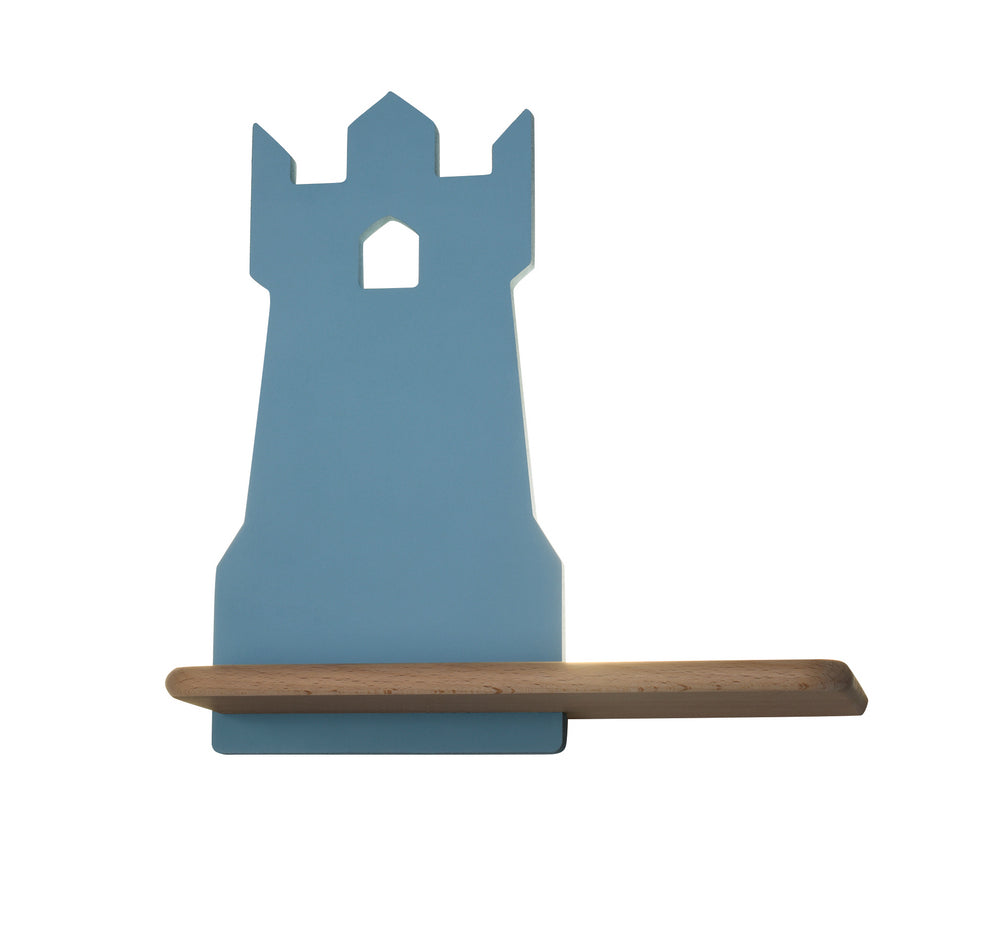 Vue de face sur fond blanc, silhouette bleue de tour crénelée avec étagère en bois