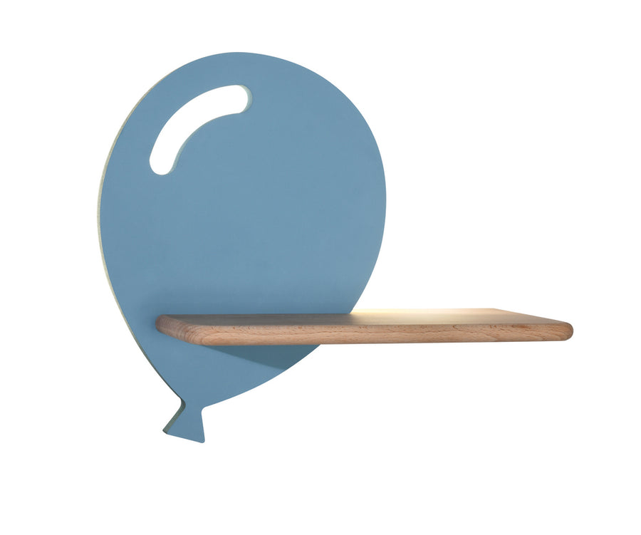 Applique murale en forme de ballon bleu avec étagère en bois, vue de face
