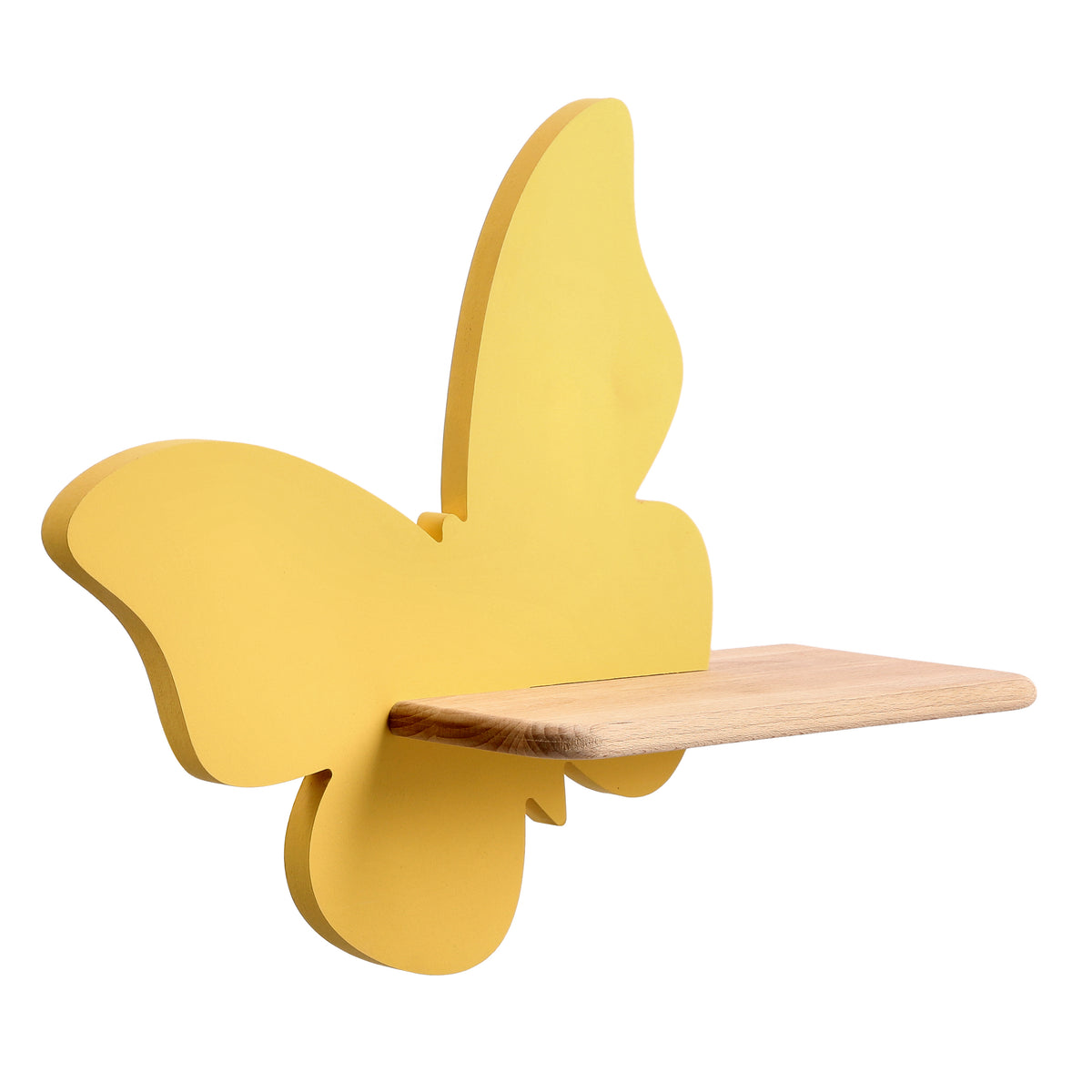 Applique murale jaune en forme de papillon avec étagère en bois clair, vue de trois quarts