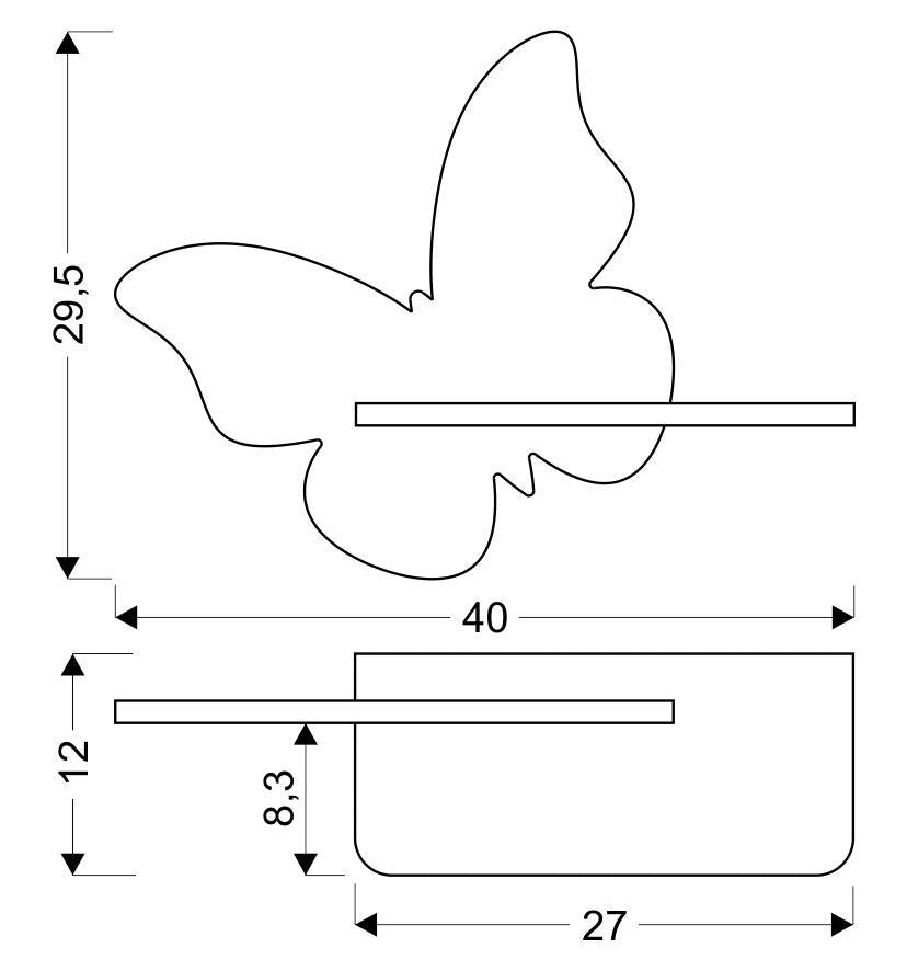 Schéma coté du luminaire papillon, hauteur 29,5 cm et largeur 40 cm