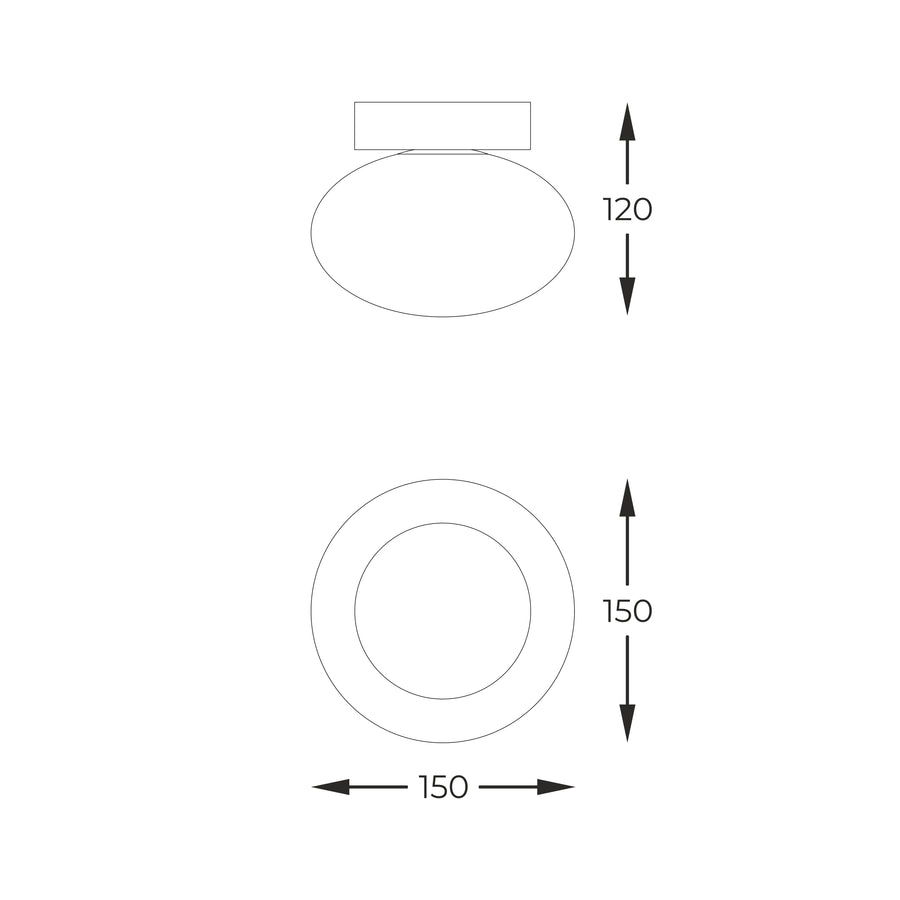 Schéma de dimensions du plafonnier : 150 mm de diamètre et 120 mm de hauteur