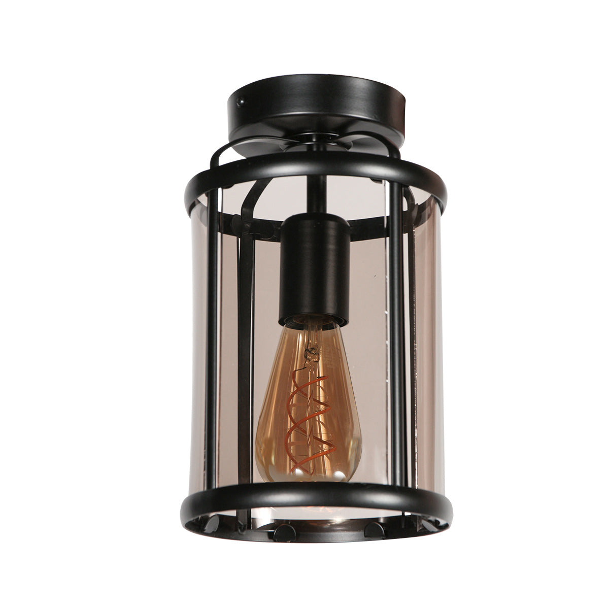 Vue de face du luminaire éteint, verre fumé transparent et cage métal noir
