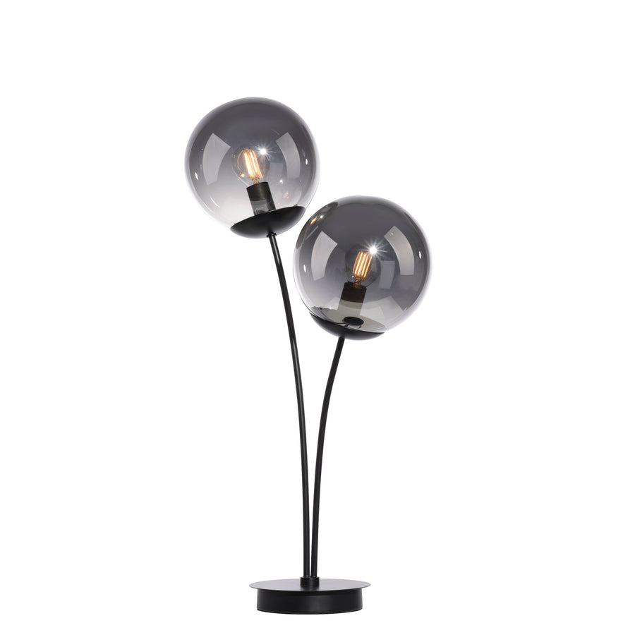 Même lampe à poser sur fond blanc, deux globes en verre transparent allumés