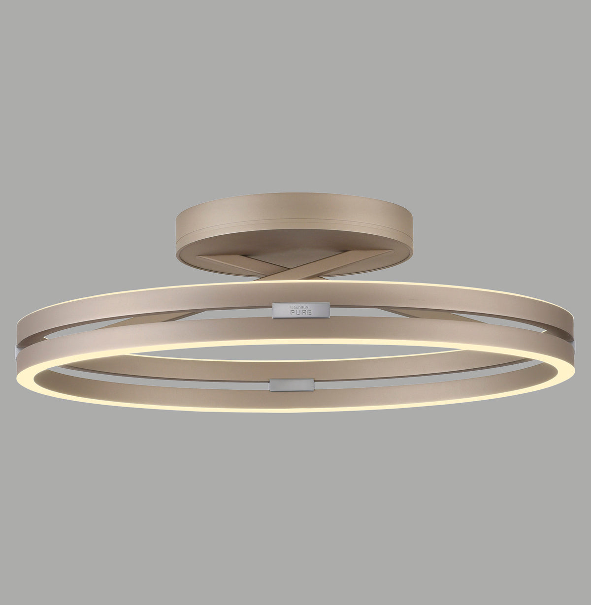 Vue de face du plafonnier circulaire beige sur fond gris uni