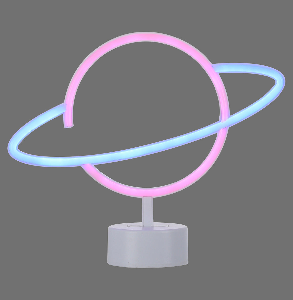 Lampe à poser en forme de Saturne, anneau rose et bleu sur fond gris