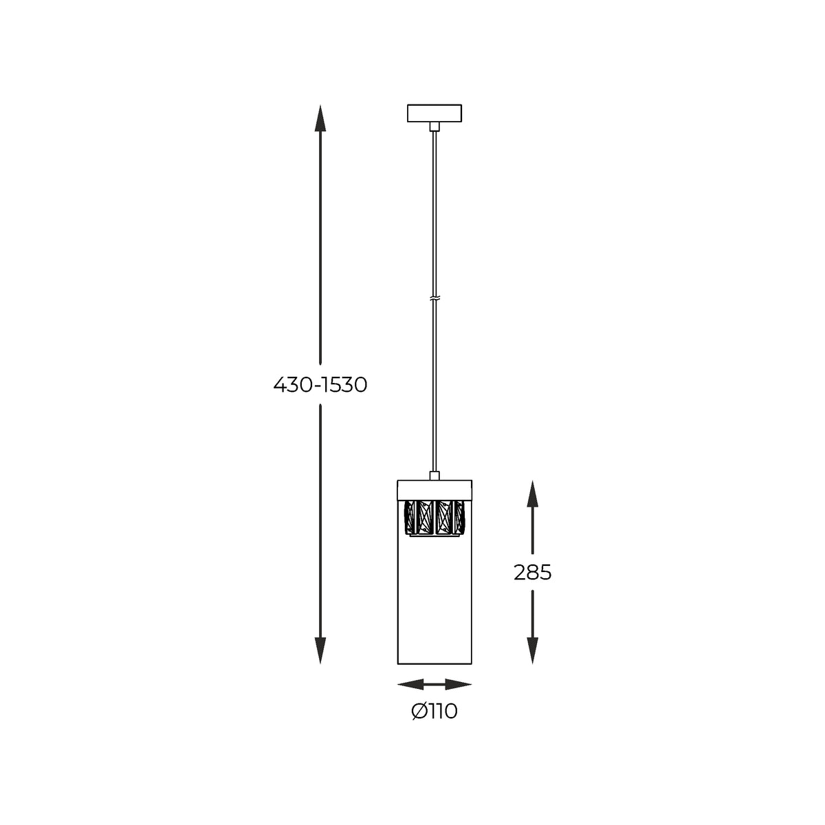 Schéma technique coté du luminaire avec hauteur réglable et diamètre du cylindre.