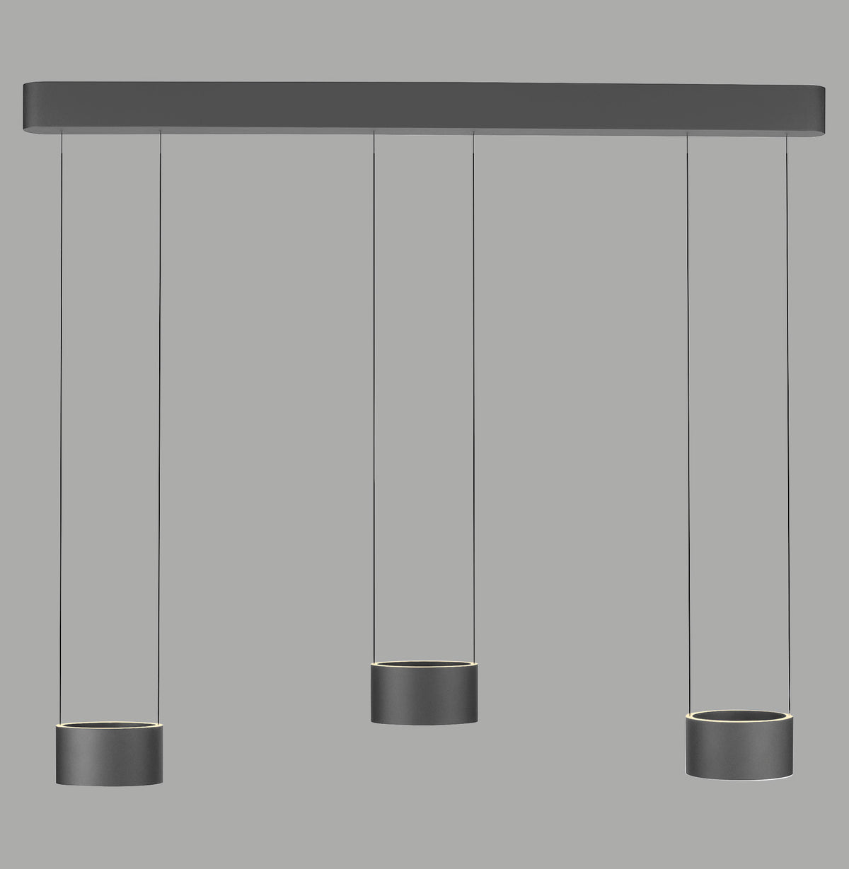 Vue de face d'une suspension grise à trois cylindres et barre rectangulaire