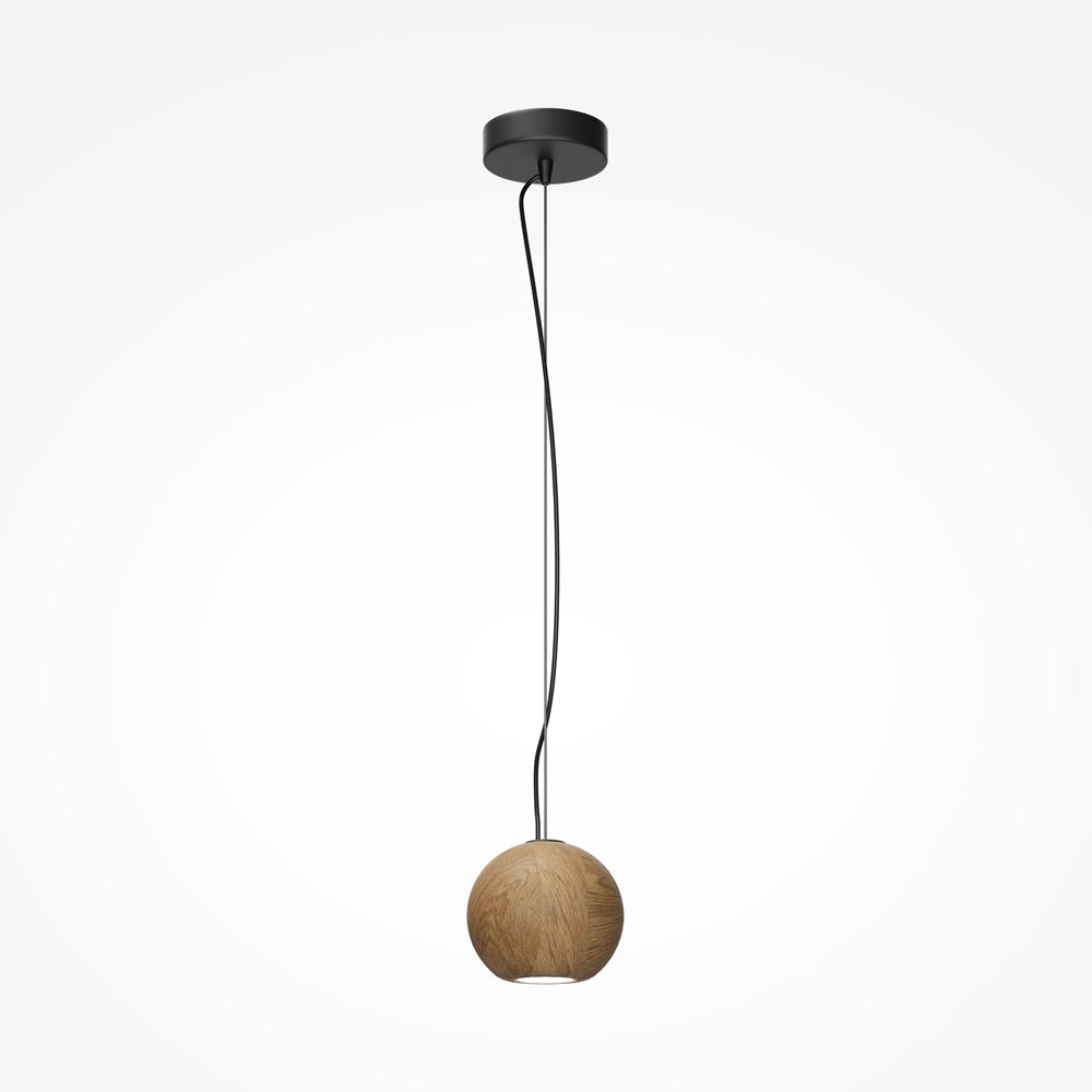 Suspension complète vue de face, sphère en bois clair et câble noir