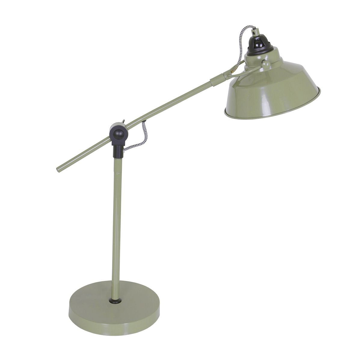 Vue latérale du luminaire vert, tige réglable et base ronde sur fond blanc.