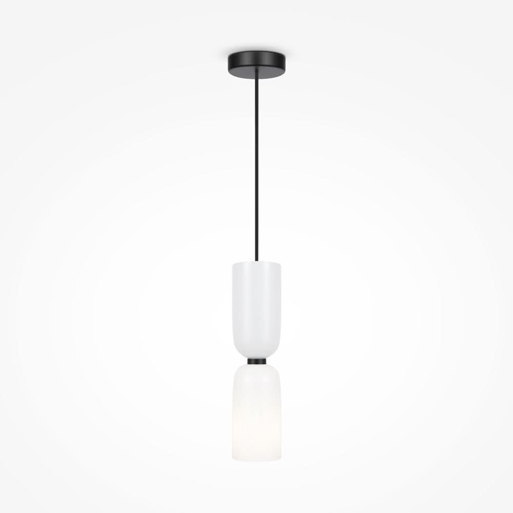 Suspension noire vue de face, deux cylindres de verre blanc opale empilés
