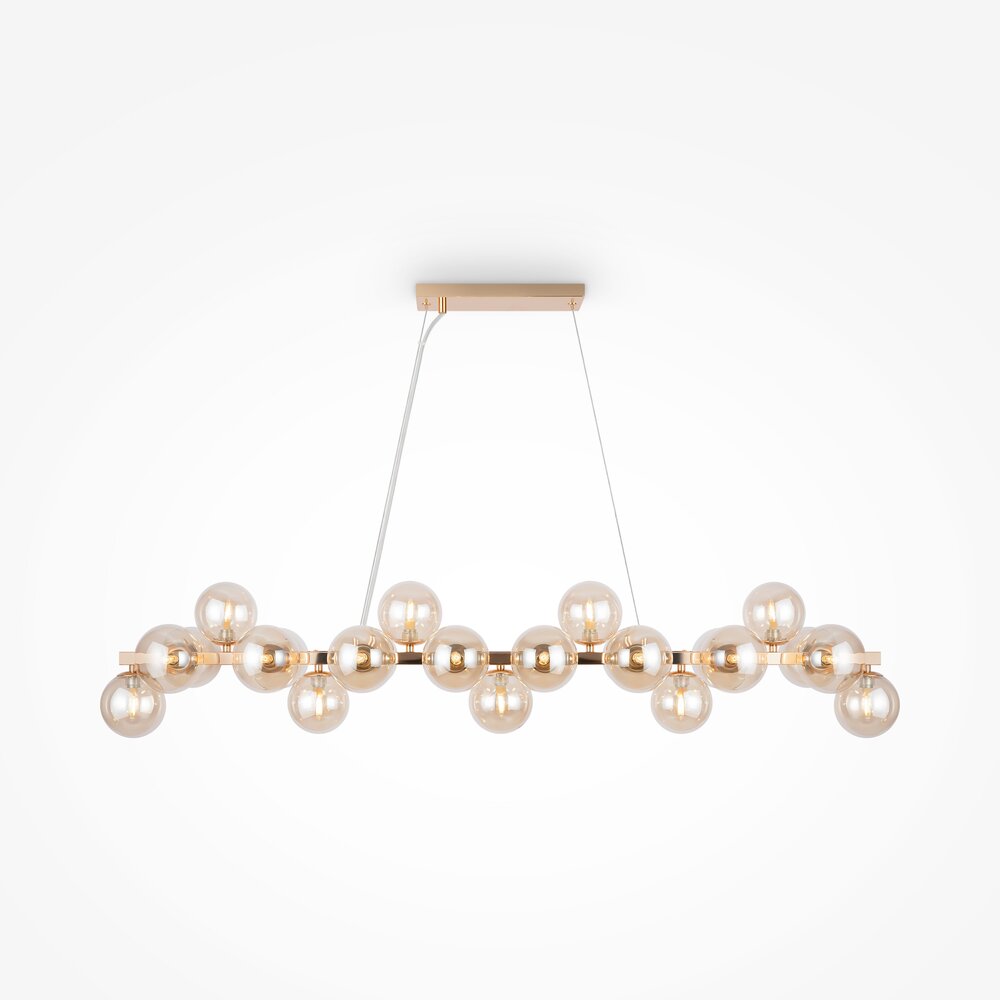 Vue de face du luminaire suspendu doré avec ses globes de verre alignés
