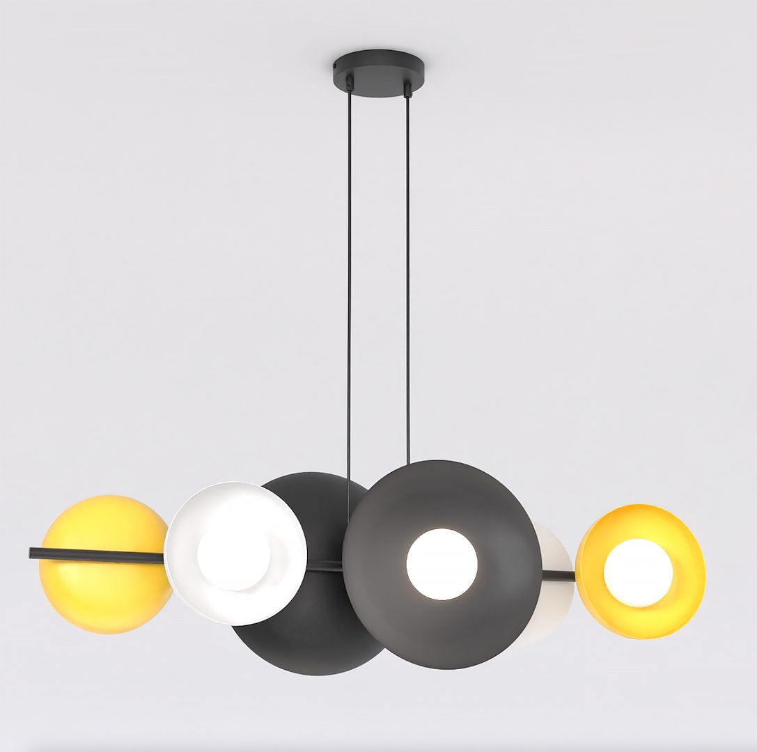 Lustre six lumières vu de face, disques noirs, blancs et jaunes sur tige fine