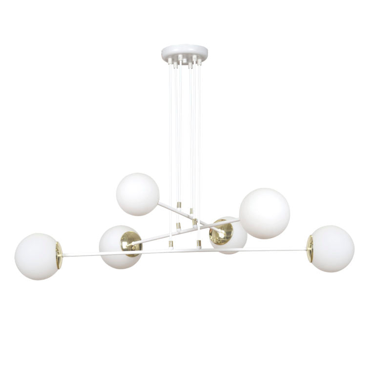 Suspension six globes blanches opalines sur fines tiges croisées, vue de face