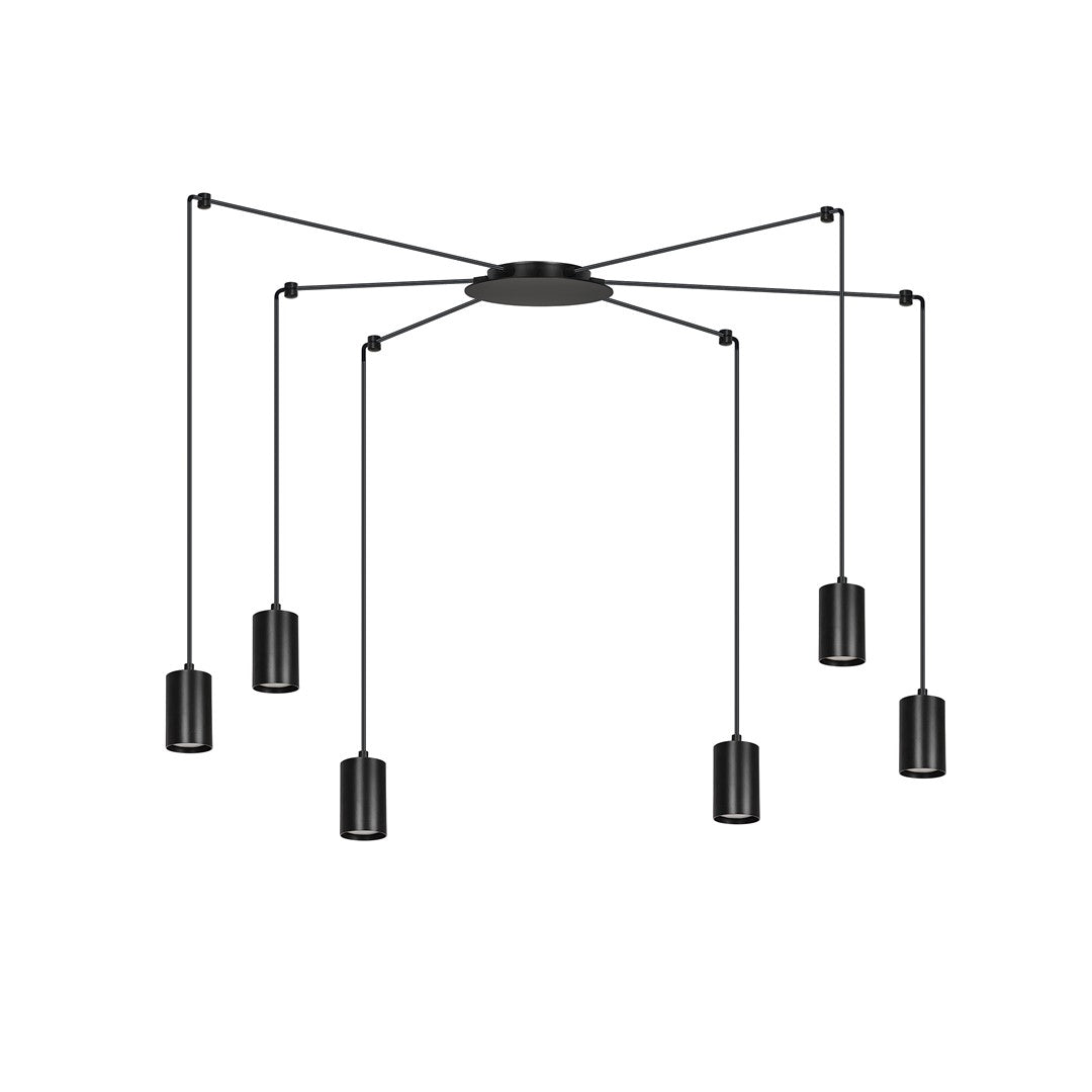 Suspension noire à six spots cylindriques suspendus en étoile sur fond blanc