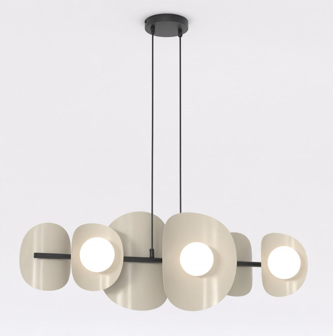 Suspension vue de face, six disques beige moka alignés sur barre noire horizontale.