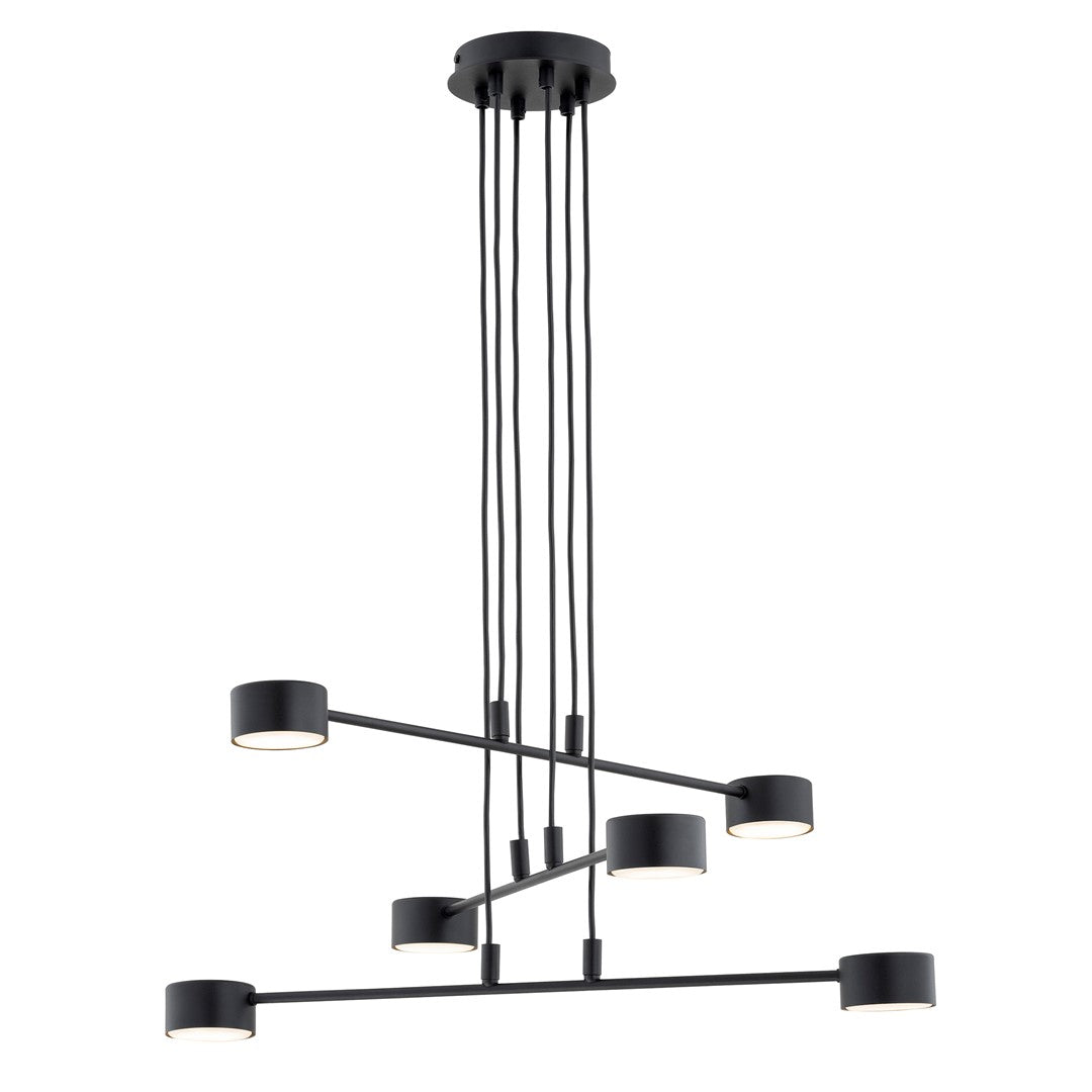 Suspension noire à six lumières cylindriques, vue de face sur fond clair, câbles et bras croisés.