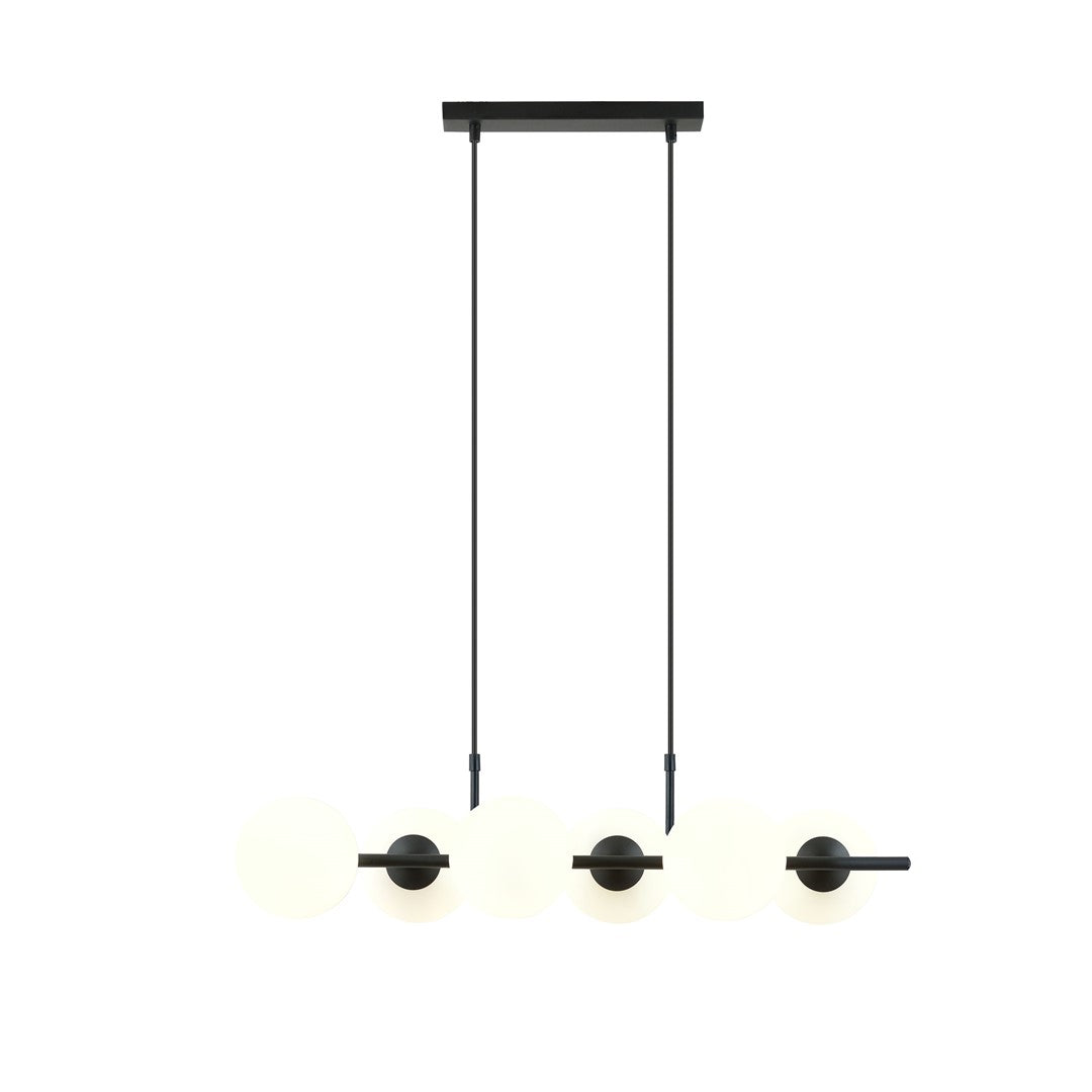 Suspension linéaire noire à six diffuseurs opale, vue de face sur fond blanc.