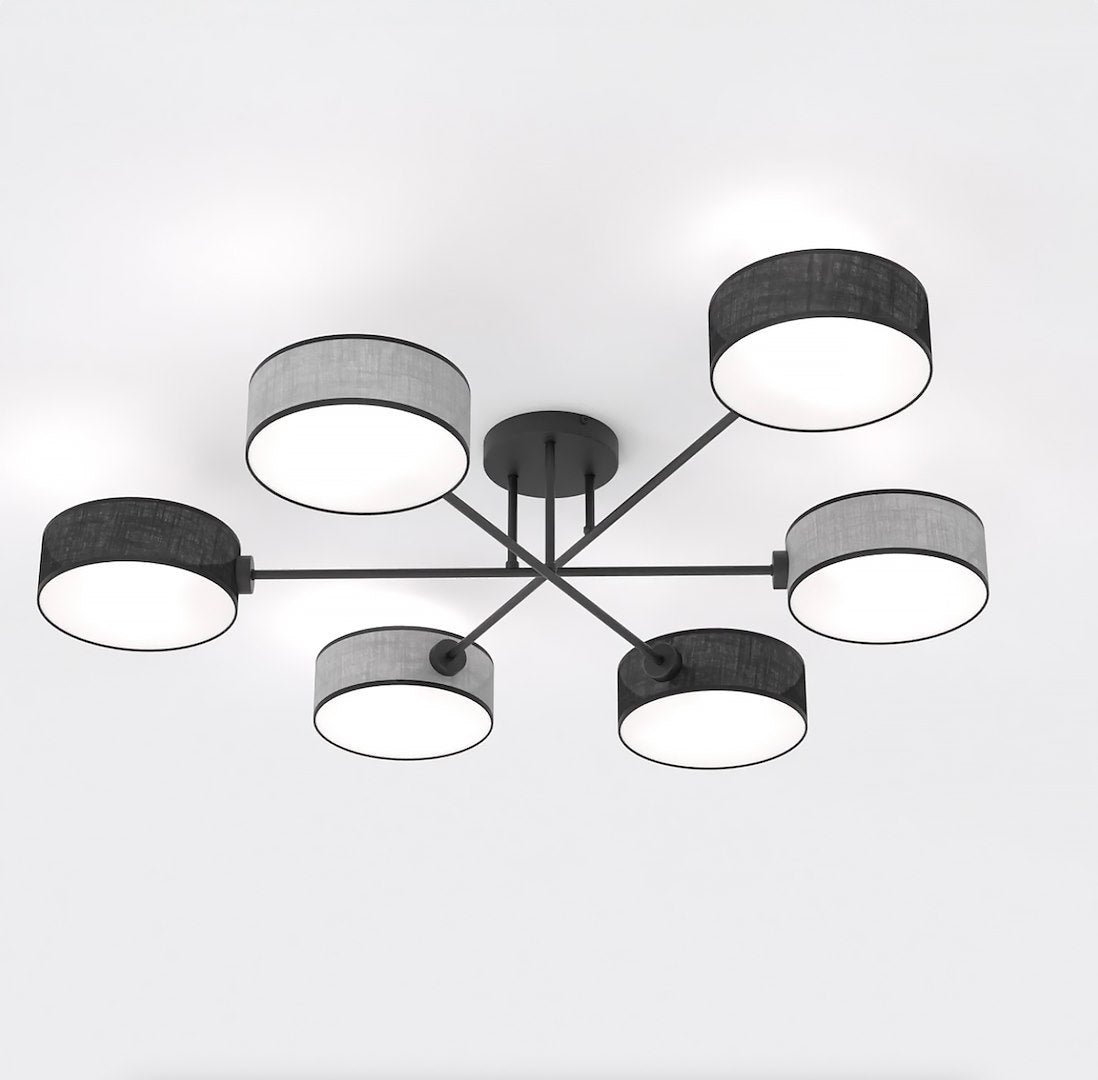 Plafonnier six lumières vu de dessous, abat-jours cylindriques noirs et gris