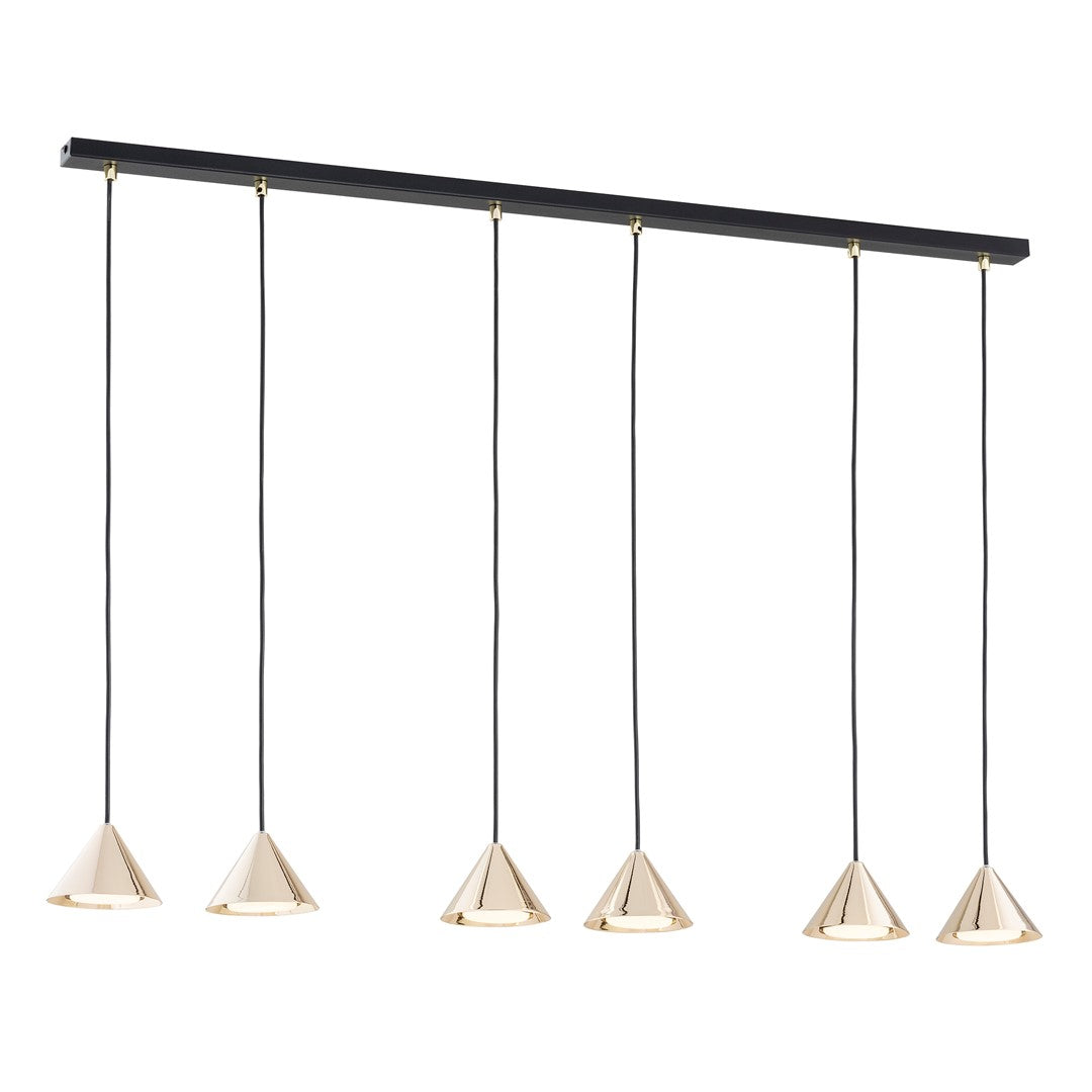 Vue de face du luminaire suspendu : six cônes dorés sur barre noire