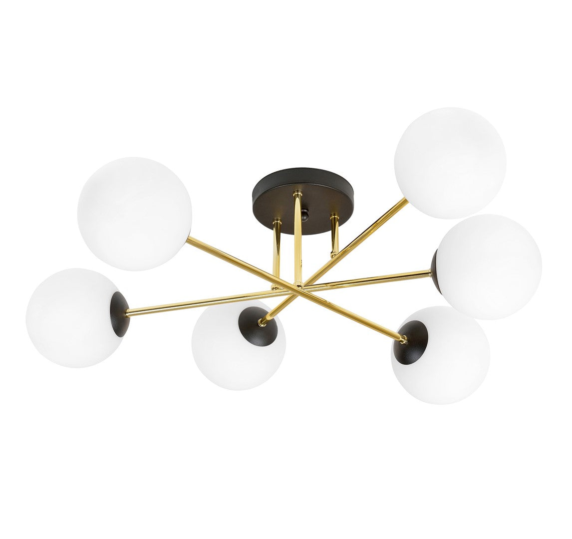 Vue de face du plafonnier six globes de verre opale, tiges croisées noir et laiton.