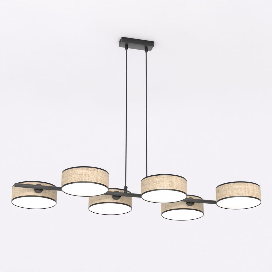 Suspension six abat-jours cylindriques en rotin beige, structure métallique noire, vue de face