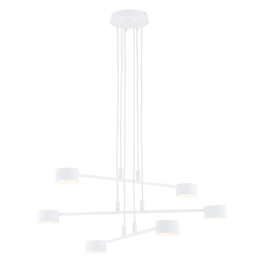 Suspension blanche six lumières, bras croisés sur plusieurs niveaux, fond blanc