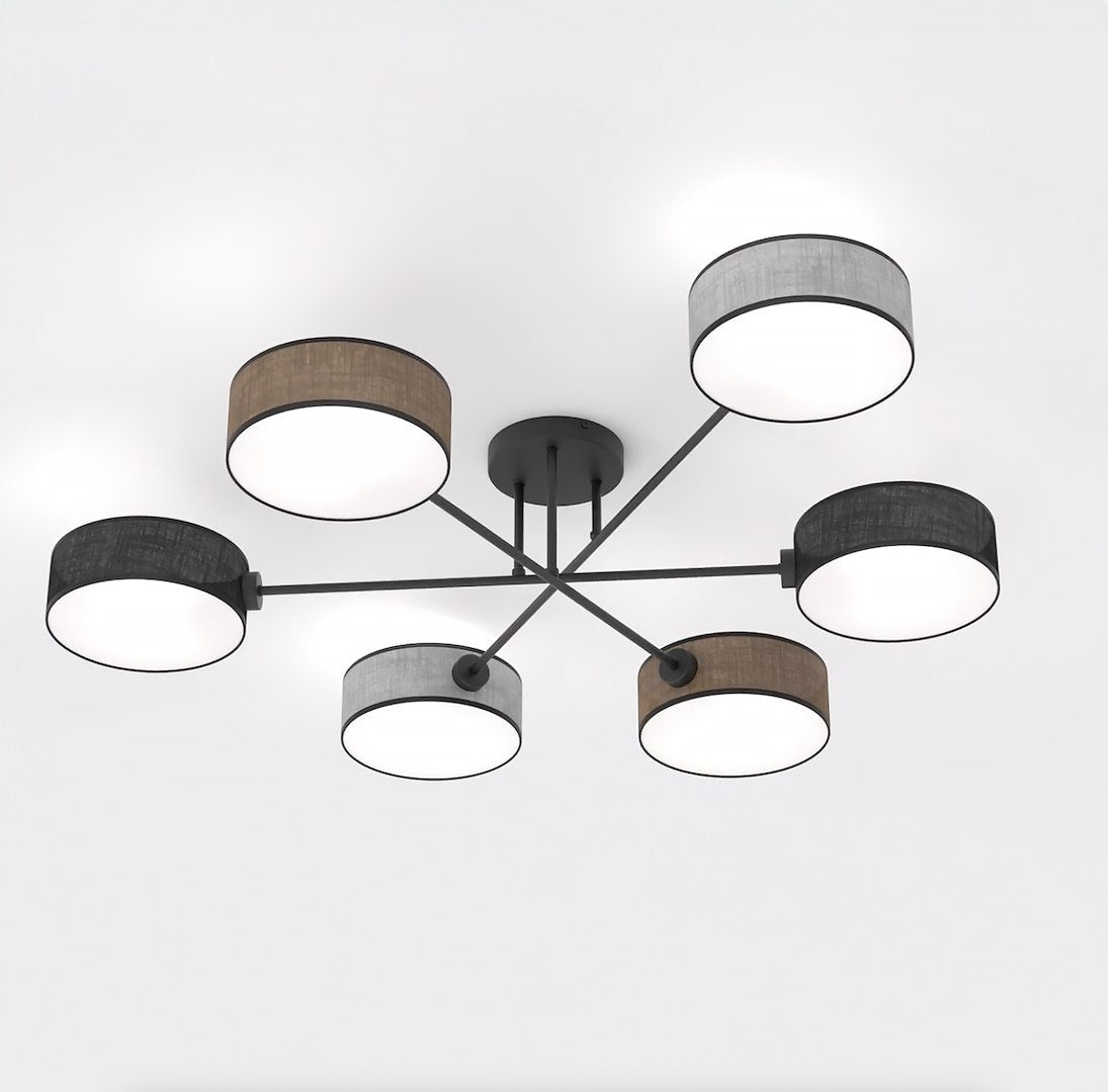 Plafonnier noir à six bras avec abat-jours cylindriques en tissu gris et taupe