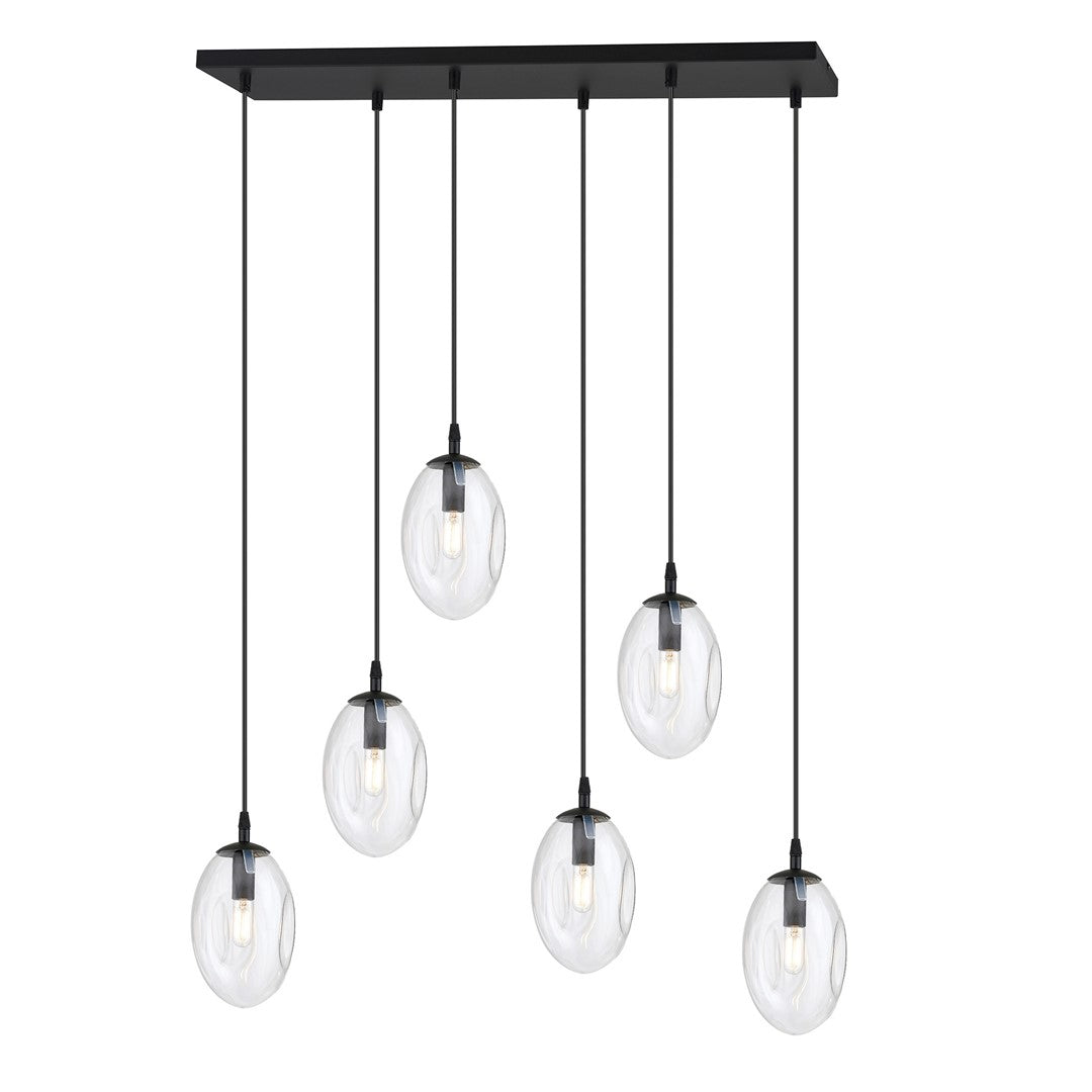 Suspension noire à six globes ovales en verre transparent suspendus à des hauteurs différentes