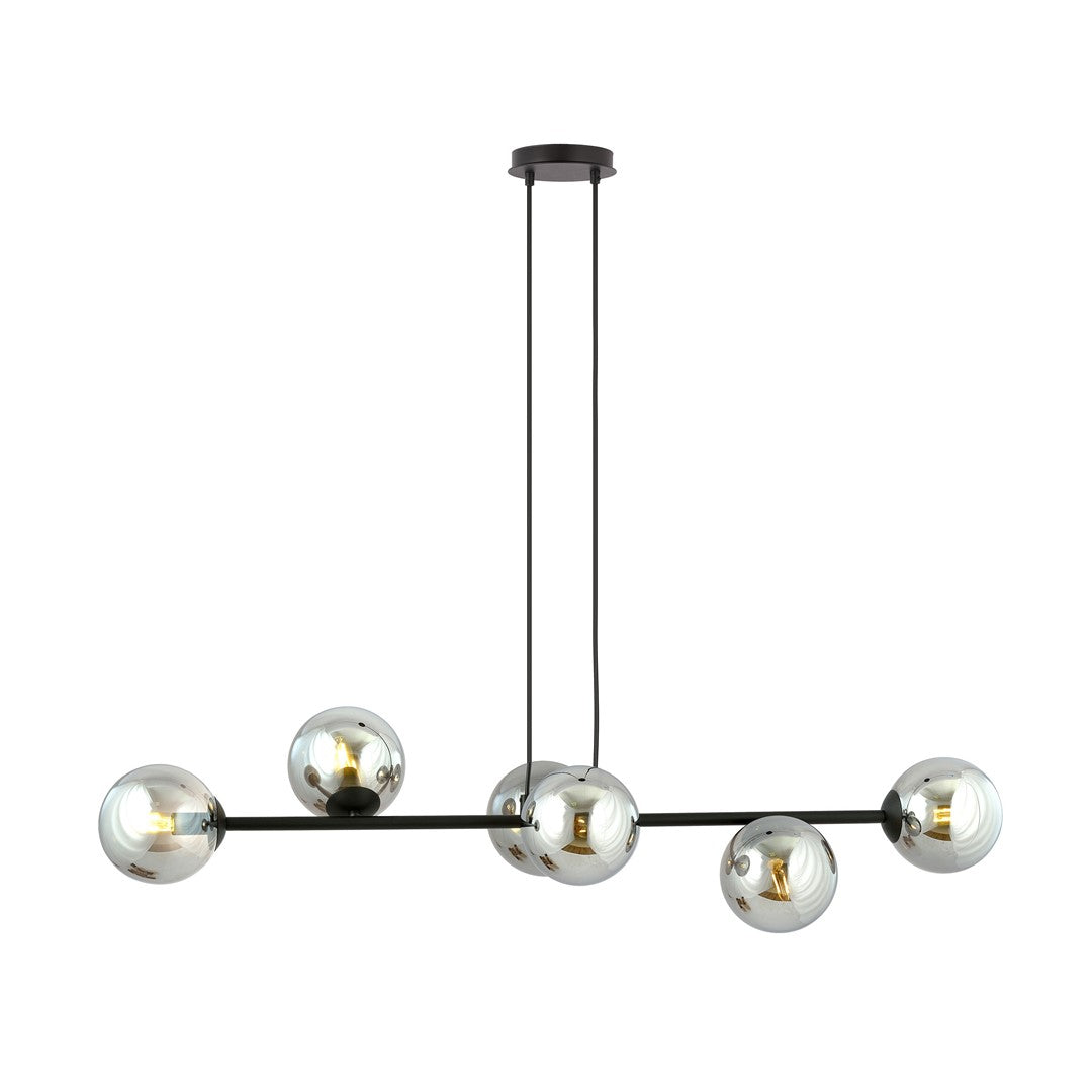 Suspension noire à six globes en verre fumé, vue de face sur fond blanc