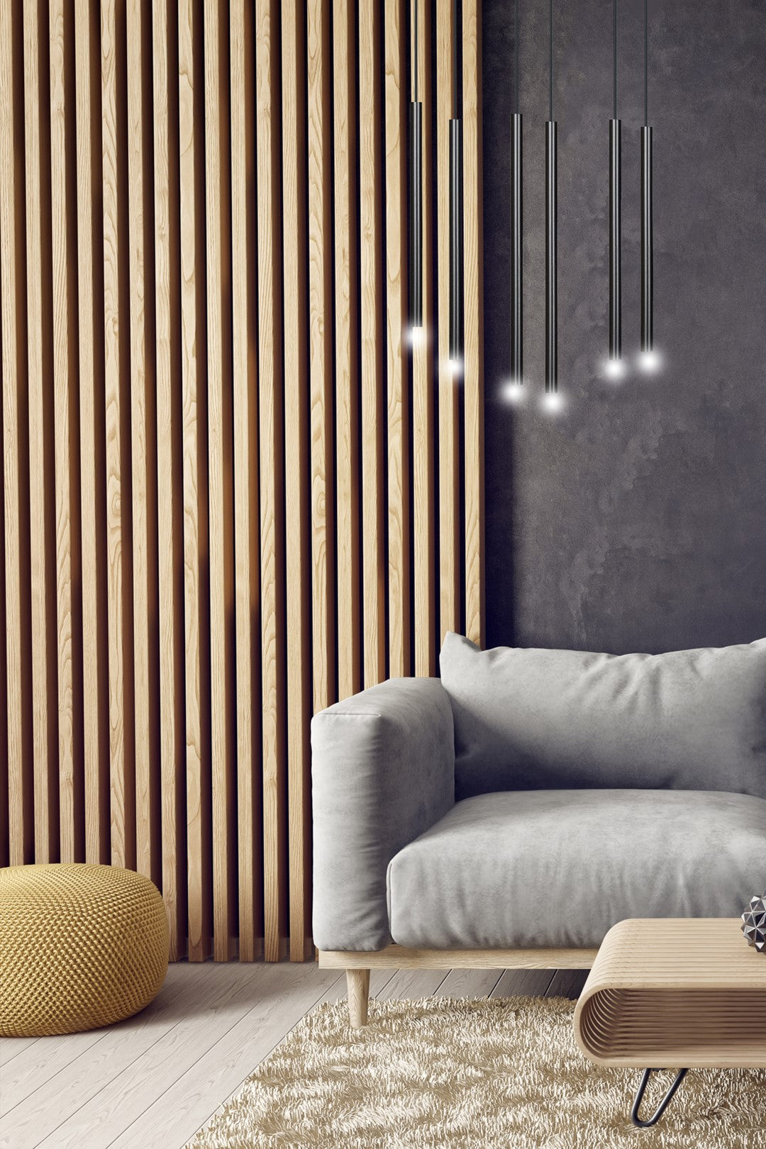 Mise en ambiance salon avec claustra bois, canapé gris et tubes éclairés en hauteur