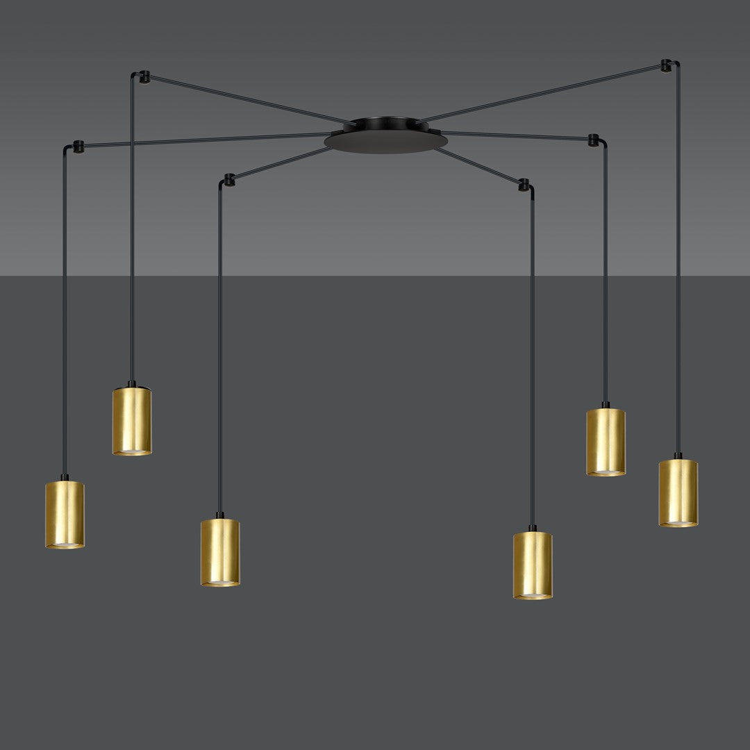 Même luminaire présenté sur fond gris dégradé, montrant les six suspensions réparties