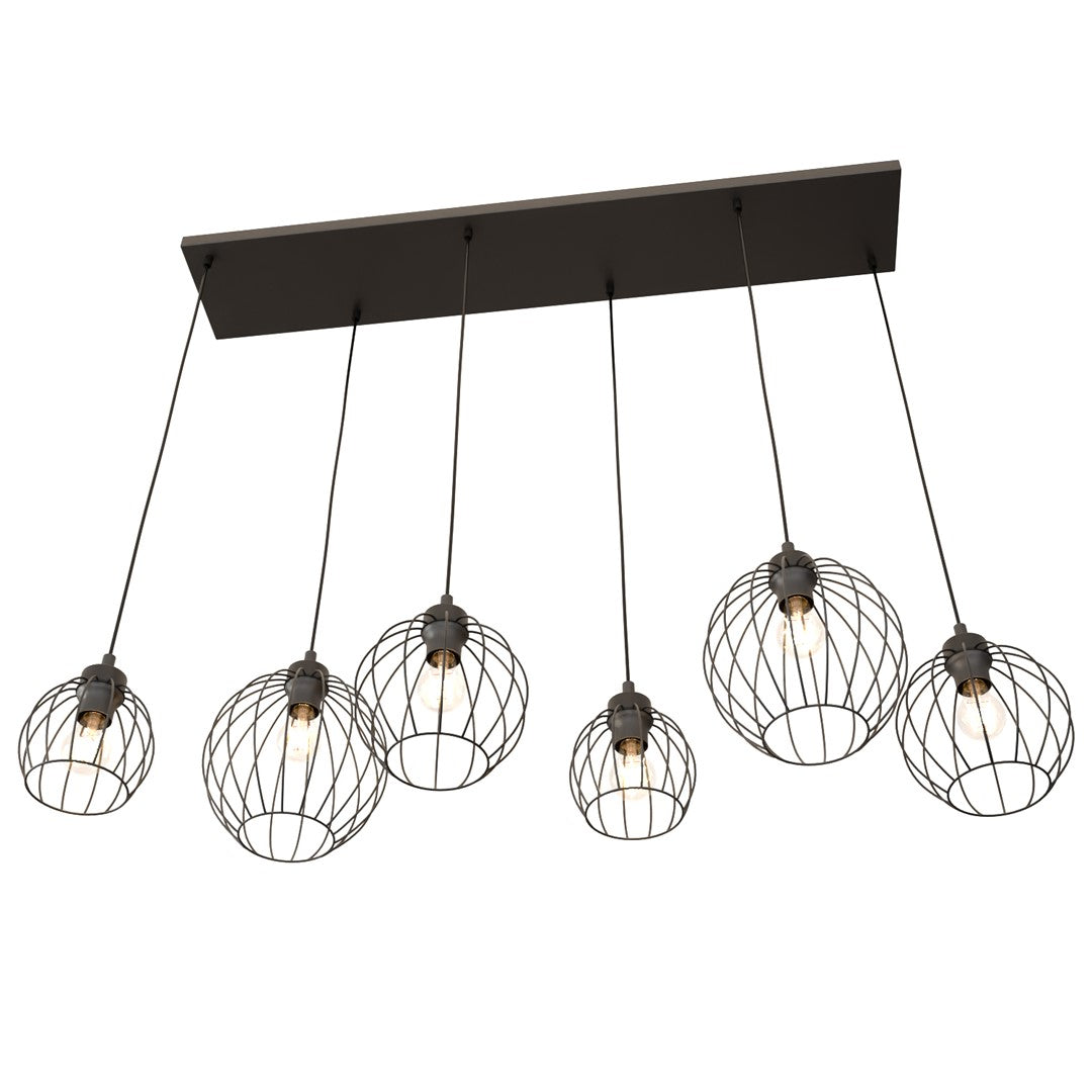Même suspension vue de trois quarts, montrant les six cages métalliques suspendues.