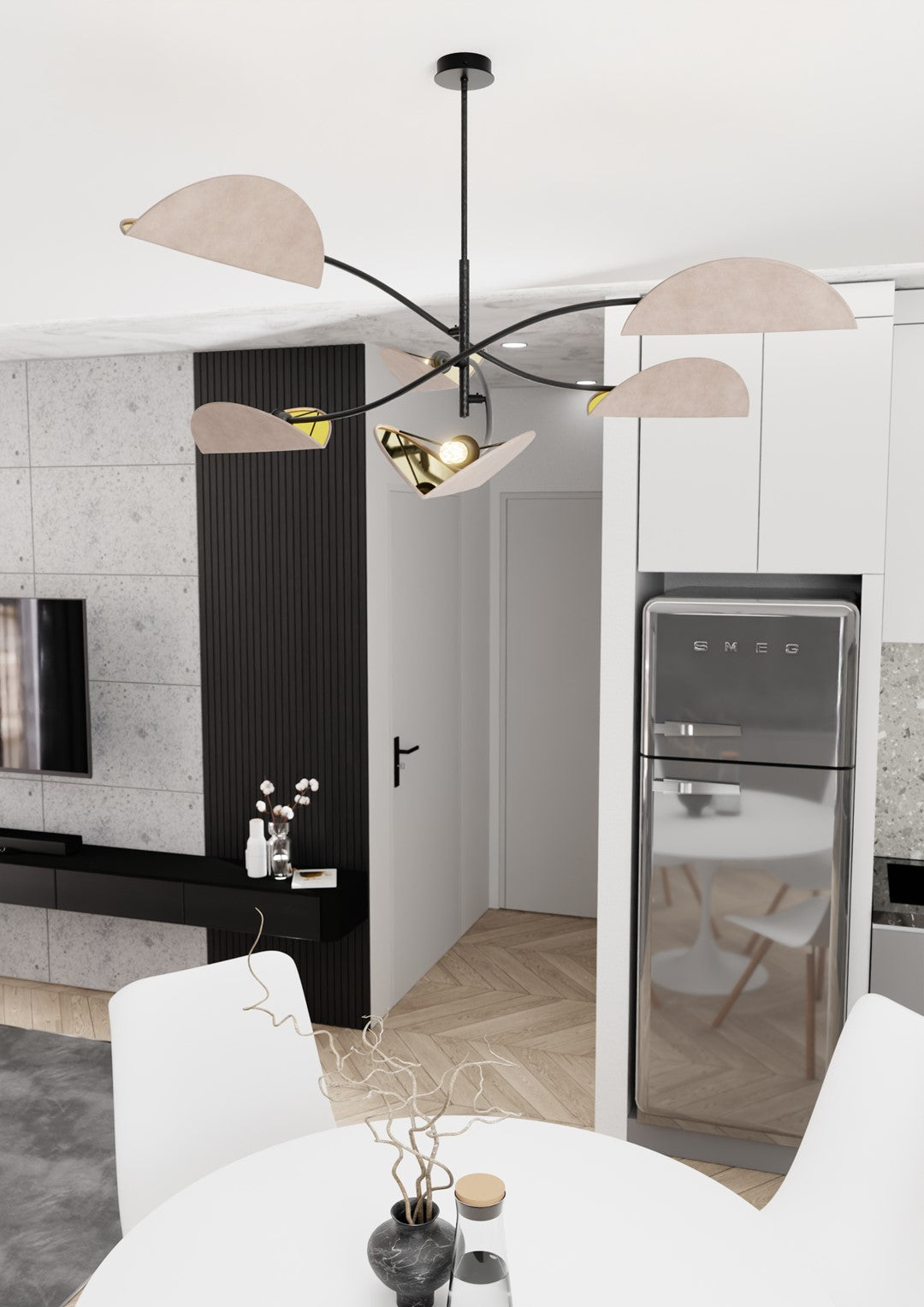 Mise en ambiance dans une cuisine moderne, suspension au-dessus d'une table blanche