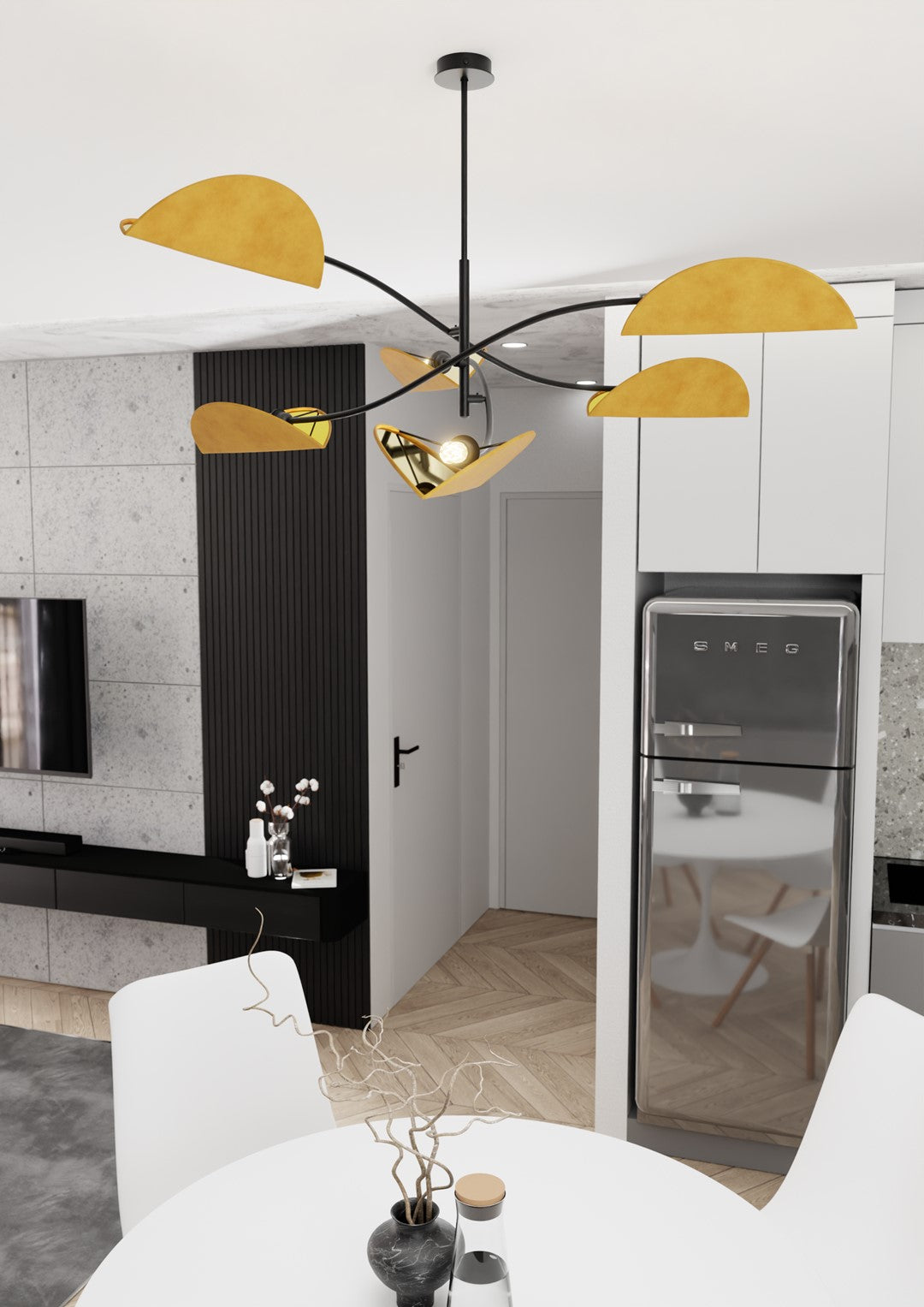 Mise en ambiance au-dessus d'une table de cuisine blanche, réfrigérateur inox en fond