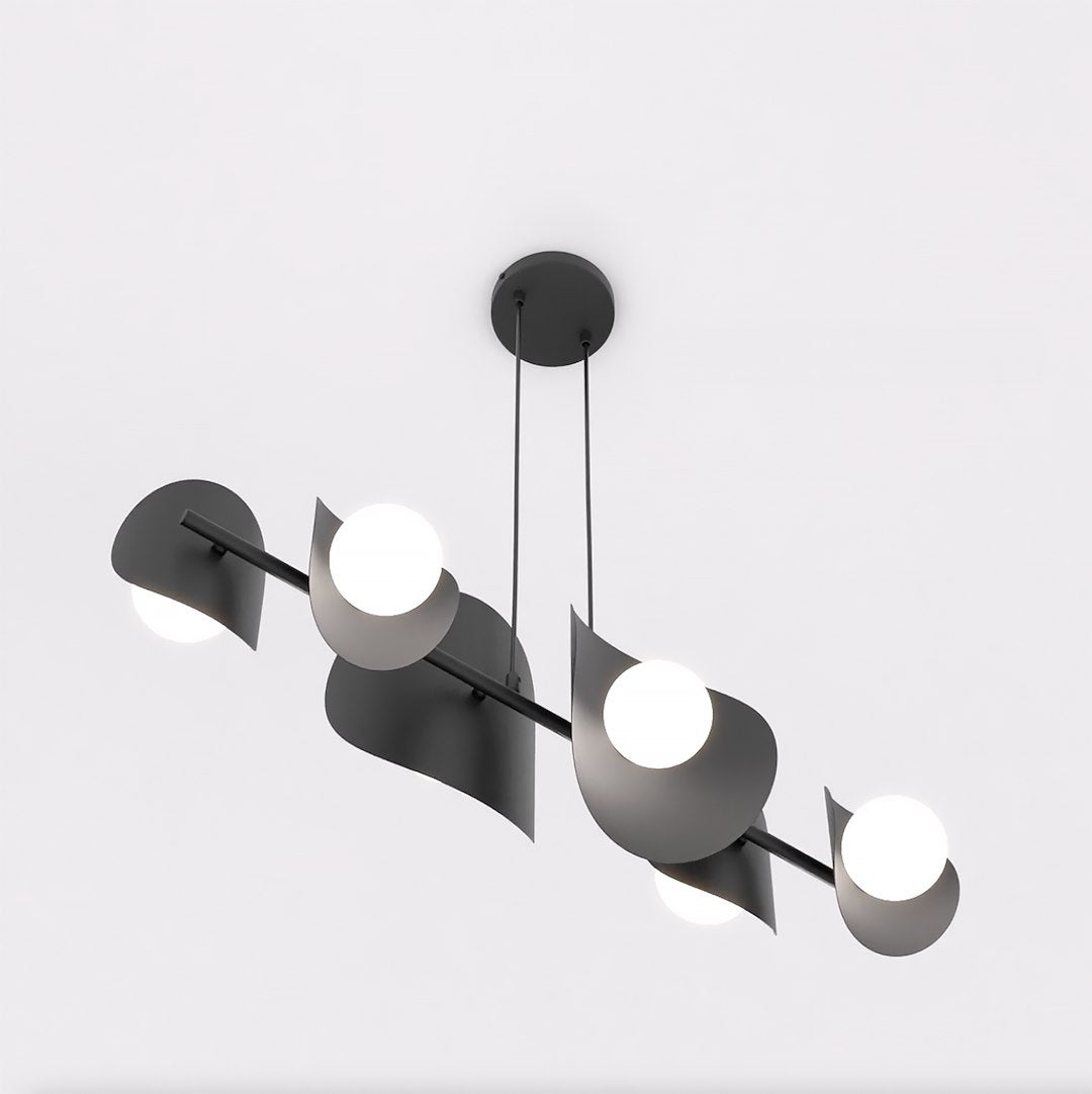 Luminaire incliné vu de trois quarts, révélant la structure métallique et les diffuseurs blancs