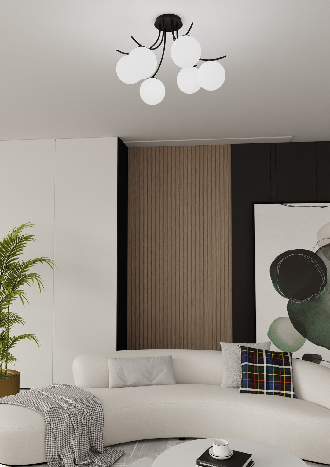 Mise en ambiance : plafonnier six lumières au plafond d'un salon moderne avec canapé blanc.