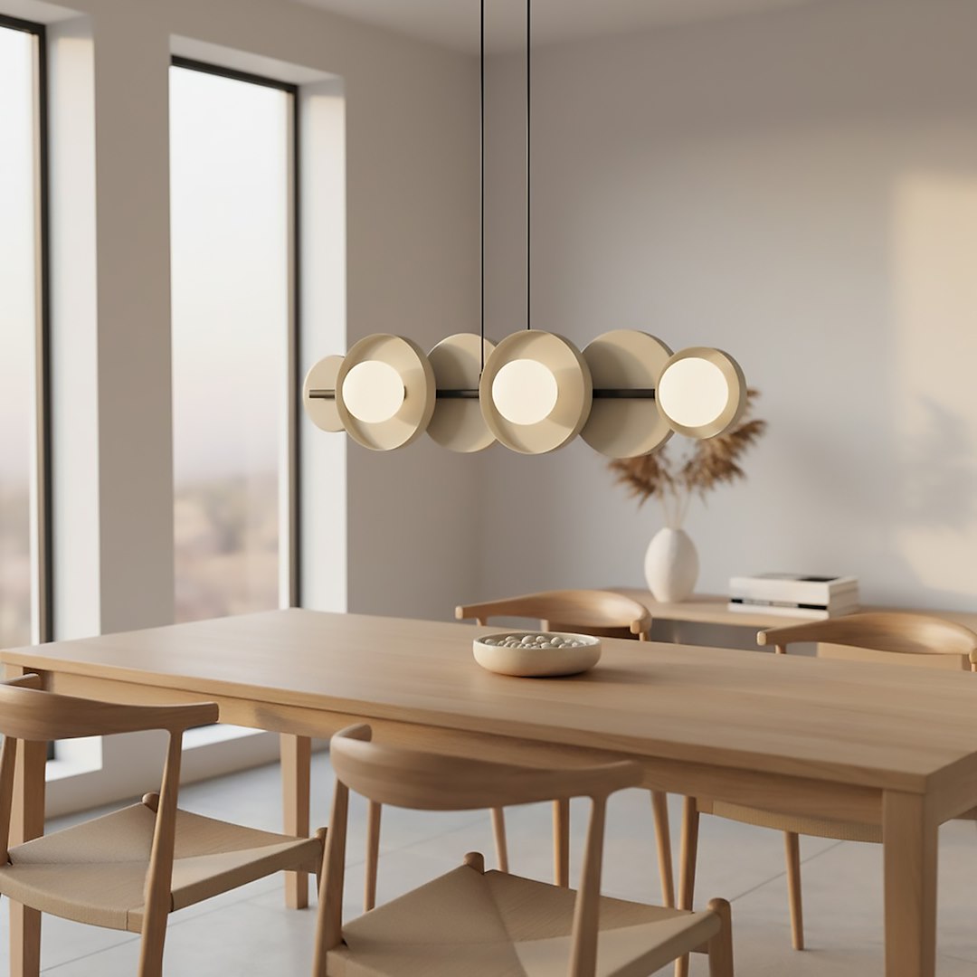 Mise en ambiance au-dessus d'une table à manger en bois clair