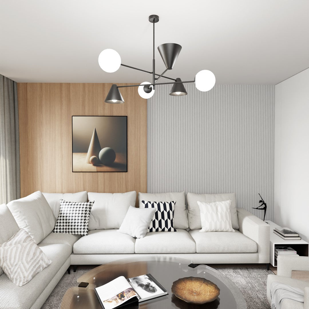 Suspension noire éclairée dans un salon avec mur lambris bois