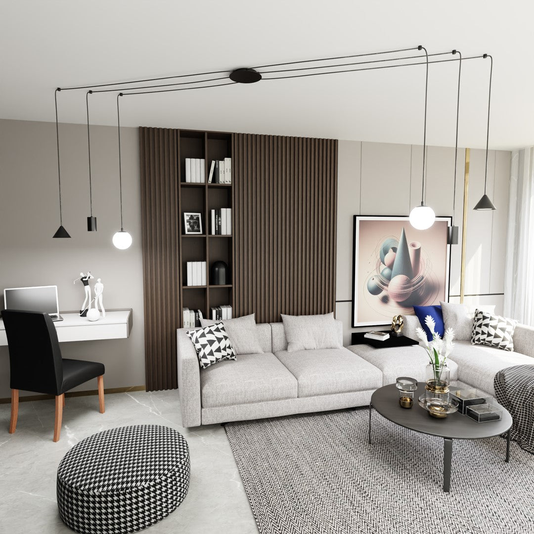 Vue d'ensemble du salon avec la suspension linéaire noire allumée au plafond.