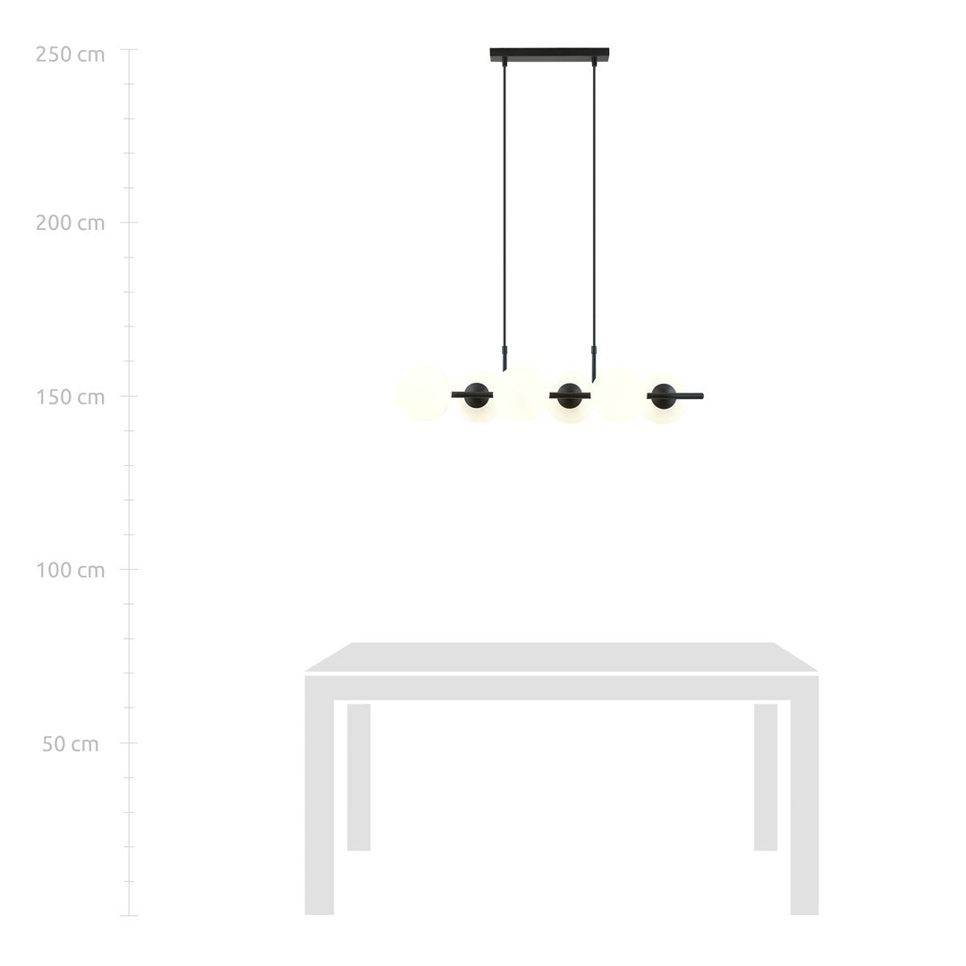 Schéma d'installation au-dessus d'une table, repères de hauteur de 50 à 250 cm.